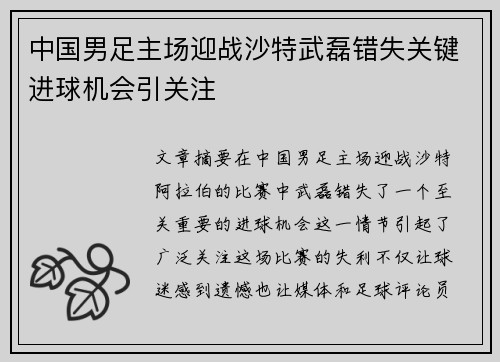 中国男足主场迎战沙特武磊错失关键进球机会引关注